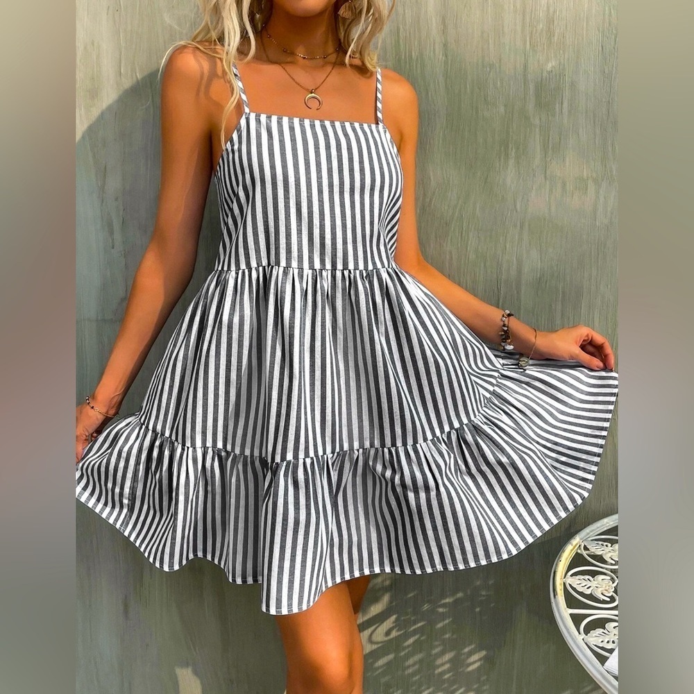 Grey & White Striped ruffle hem backless cami dress w/spaghetti adj stra…